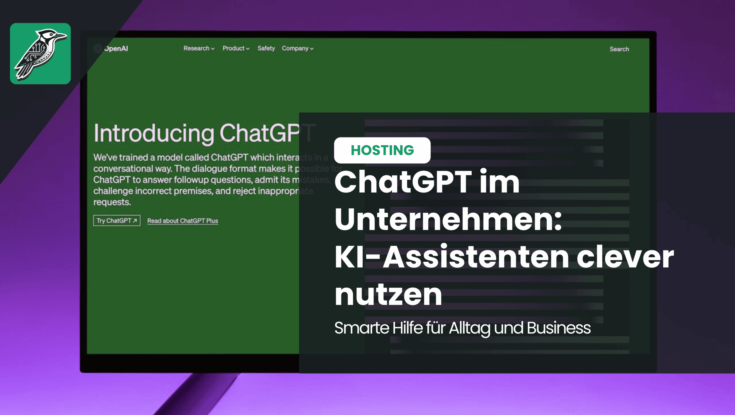 Bildschirm zeigt die Einführung von ChatGPT auf der OpenAI-Website – Einsatz von KI-Assistenten im Unternehmen.